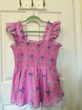 J.Marie Smocked Pink Ruffle-Shoulder Blouse with Palm & Leopard Print